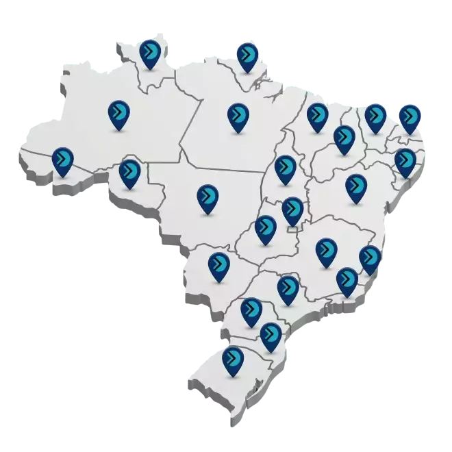 Mapa do Brasil em relevo com marcadores MoveEdu espalhados por todas as regiões do país
