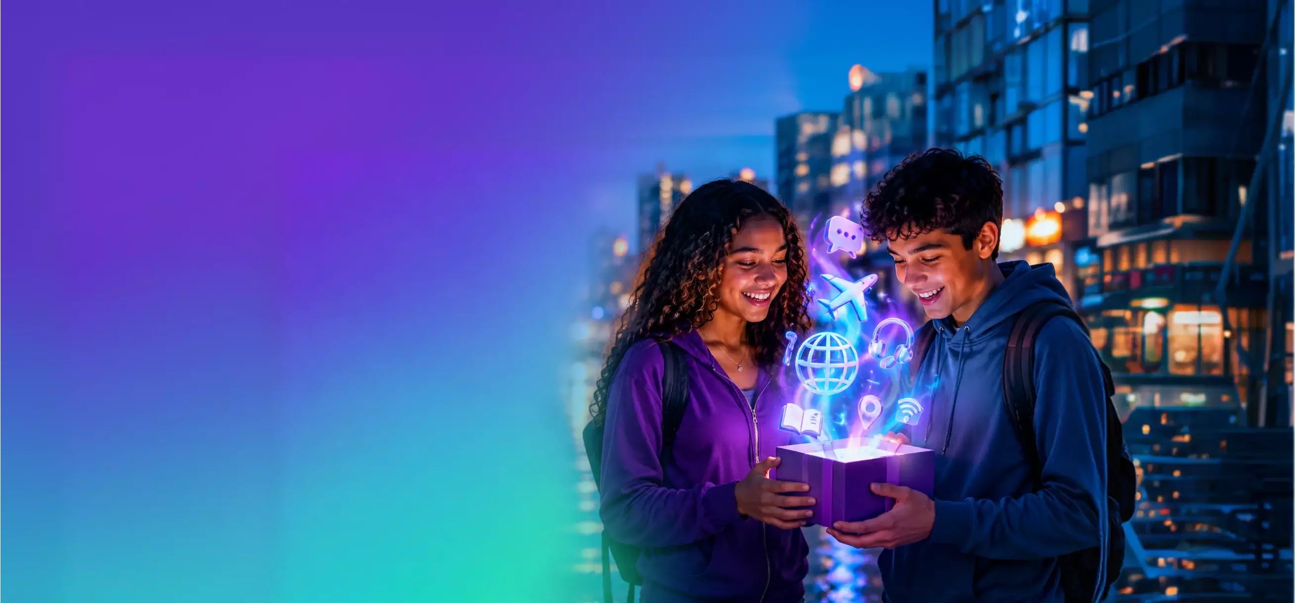 Estudantes Yázigi com um livro luminoso de onde saem ícones de fluência