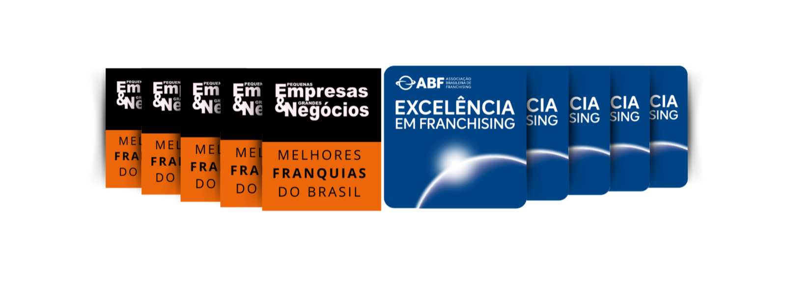 Selos ABF de Excelência em Franchising e Melhores Franquias do Brasil da Pequenas Empresas Grandes Negócios, empilhados lado a lado